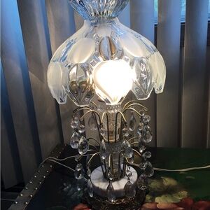 Vintage Bohemian Crystal Glass Brass Marble Table Lamp